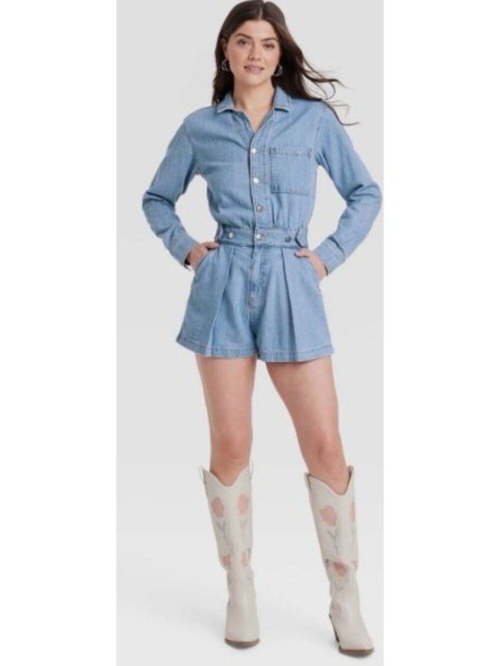 Universal Thread Size 17 Long Sleeve Romper Jean Medium Wash NWT